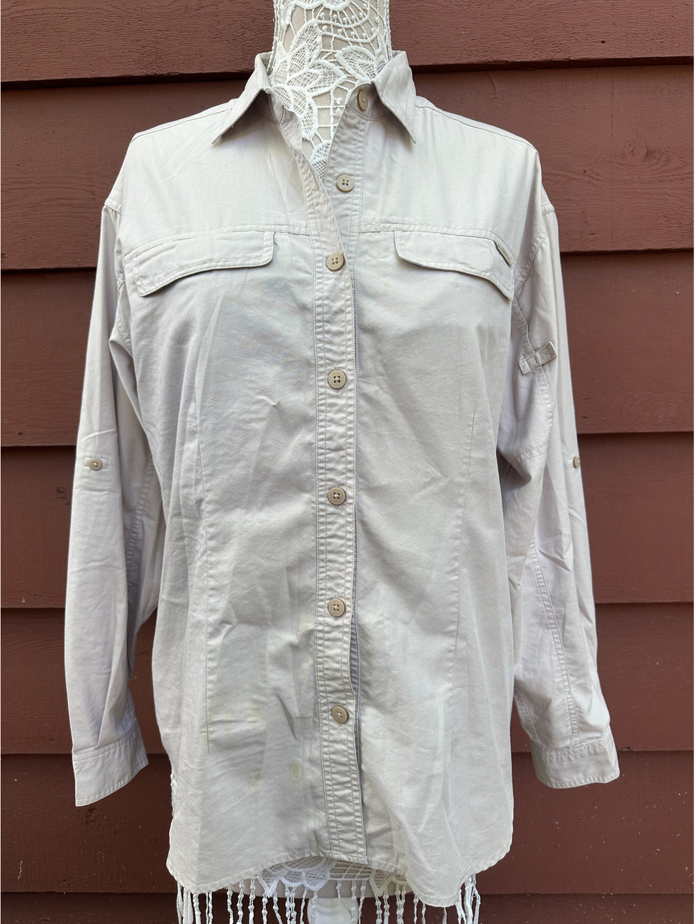 Ex Officio Adventure Button Up Shirt Beige Casual Travel Utility